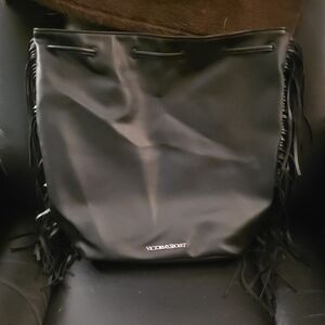 Victoria's Secret Black Fringe Drawstring Bucket Tote